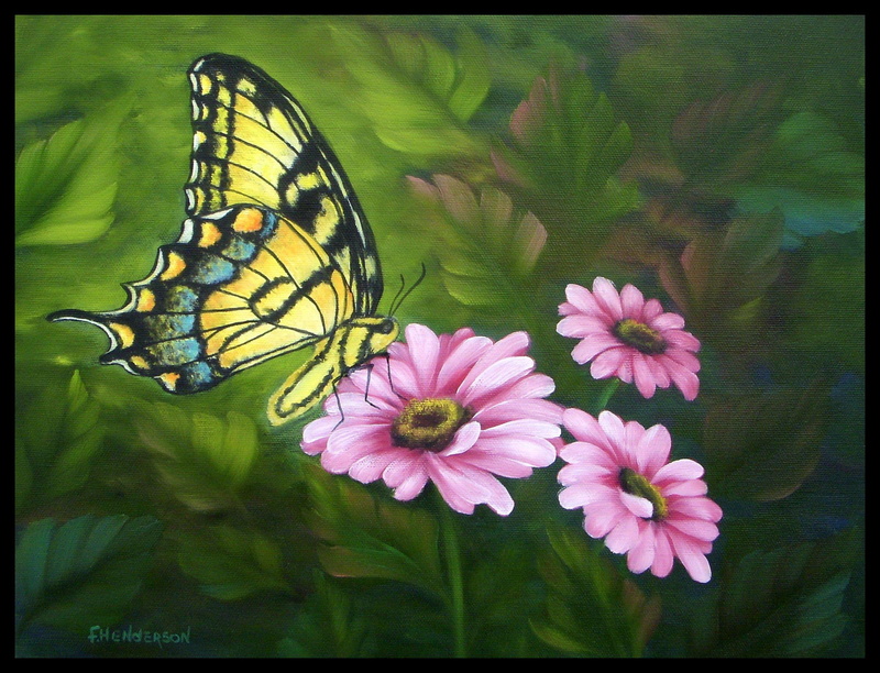 markings, yellow, daisies, background, wing, blue, 1080P, pretty, flowers, black, butterfly, leaves, floral