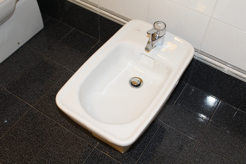 flooring, modern, bathroom, tiled floor, sink, ceramics, chrome, indoors, high angle view, silver colored, inside, no people, household equipment, room