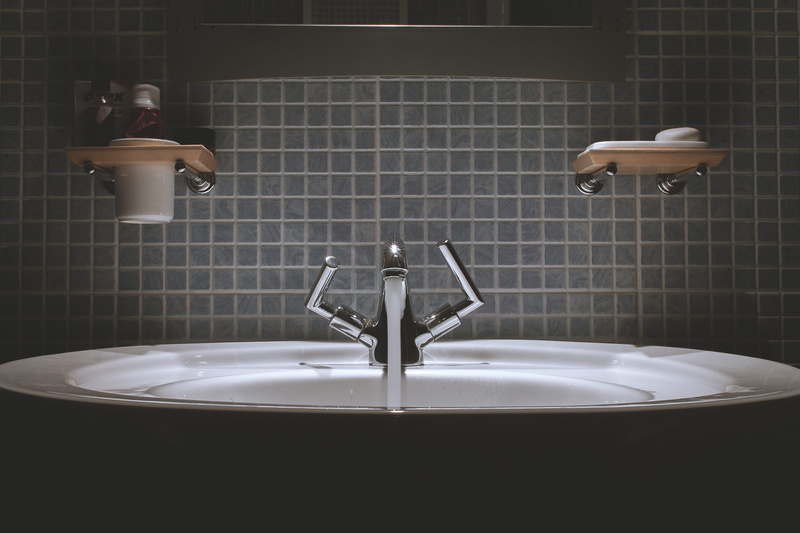 faucet, no People, vanity, hygiene, lifestyles, flooring, indoors, gray, tile, round, domestic room, ceramic, water, soap dispenser, steel, running, domestic Bathroom