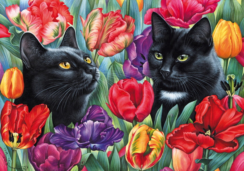 tulips, black cats, painting, Irina Garmashova, picture, Cat among the tulips, 1080P, two faces, flowers
