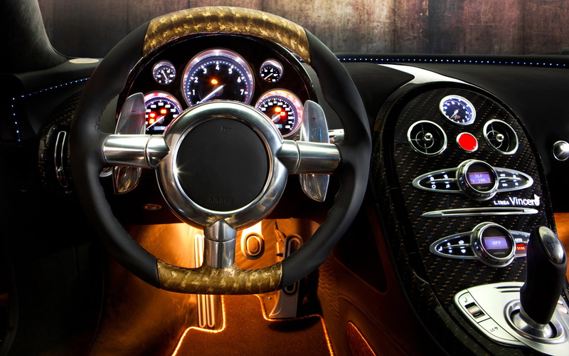 technology, transportation, indoors, vehicle Interior, sports Car, driving, equipment, black, dashboard, wheel, salon, Bugatti Veyron 16.4 LINEA Vincero doro