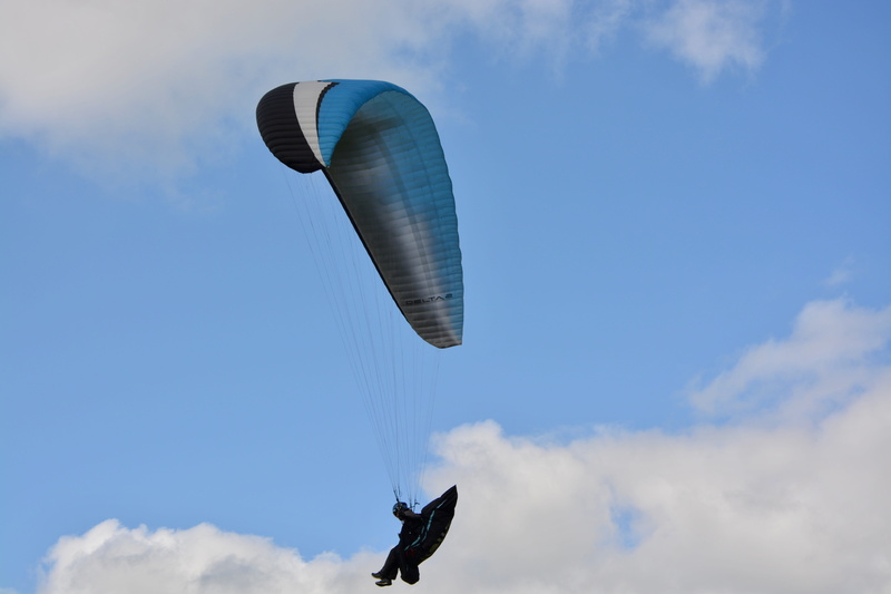 sky, transportation, one person, extreme sports, wing, 5K, day, flying, clécy normandy, freedom, parachute, low angle view, outdoors, france, fly, gliding