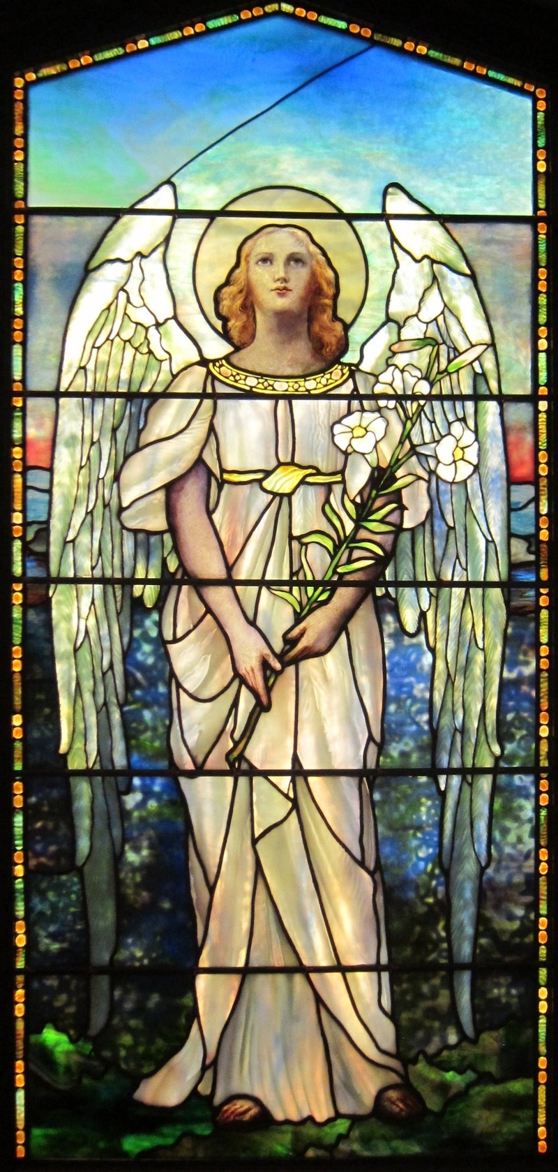 tree, colorful, window, mitchell, tiffany, standing, female likeness, day, female, glass, artwork, architecture, religion, portrait, looking at camera
