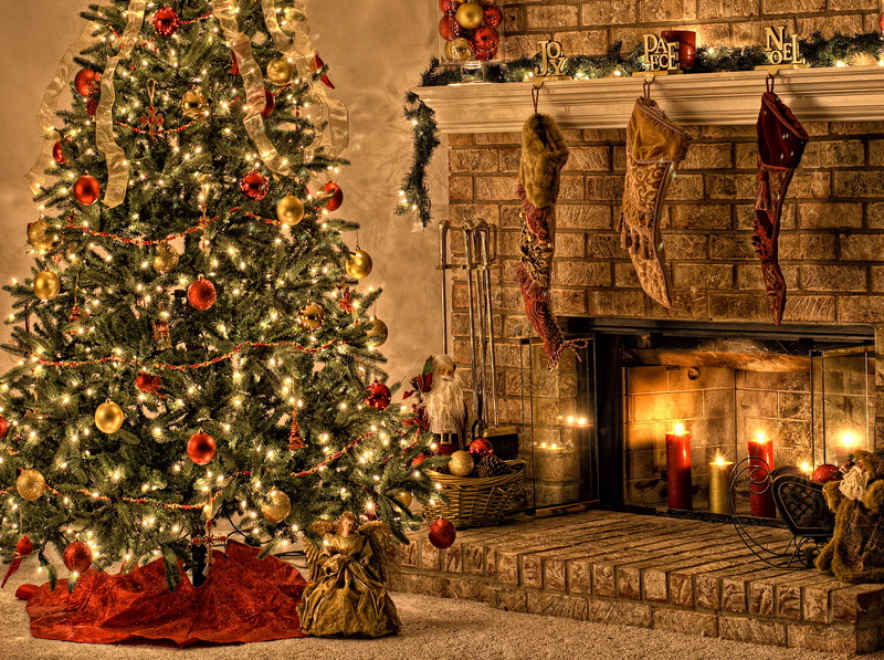 Christmas tree, colorful, decoration, Santa Claus, 2K, angel, candles, fireplace, The inscription, Santa, Joy Peace Noel, lights