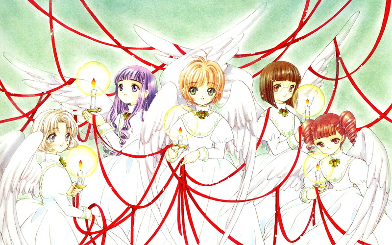ribbons, group, sasaki, captor, brown, twintails, red, short, 1080P, glasses, long, eyes, sakura, wings, card, hair, green, rika, christmas, clamp, angel