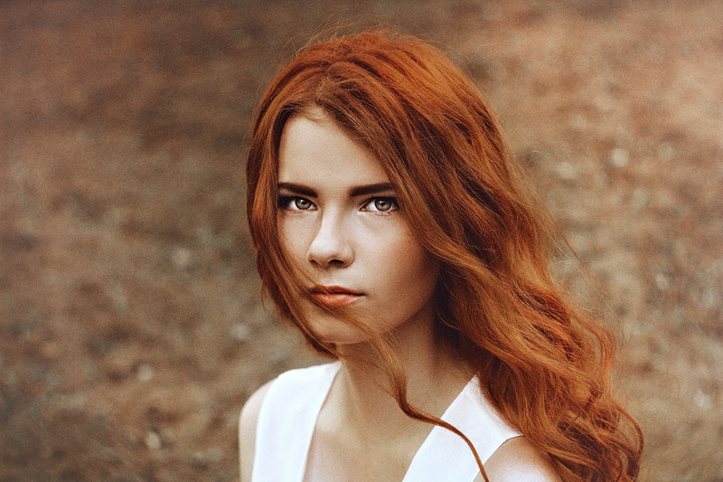 angel, long hair, young women, looking at camera, contemplation, redhead, human face, focus on foreground, dyed red hair, nature, beautiful woman, young adult