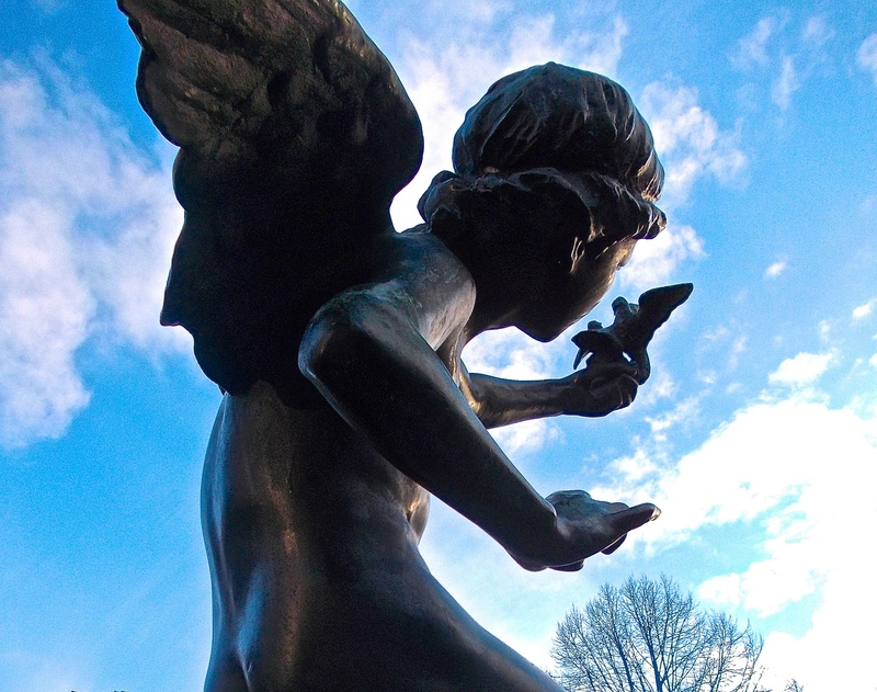 blue, statue, nature, silhouette, sculpture, angel, fine art statue, shirtless, 2K, creativity, sky, lifestyles, low angle view, craft, male likeness