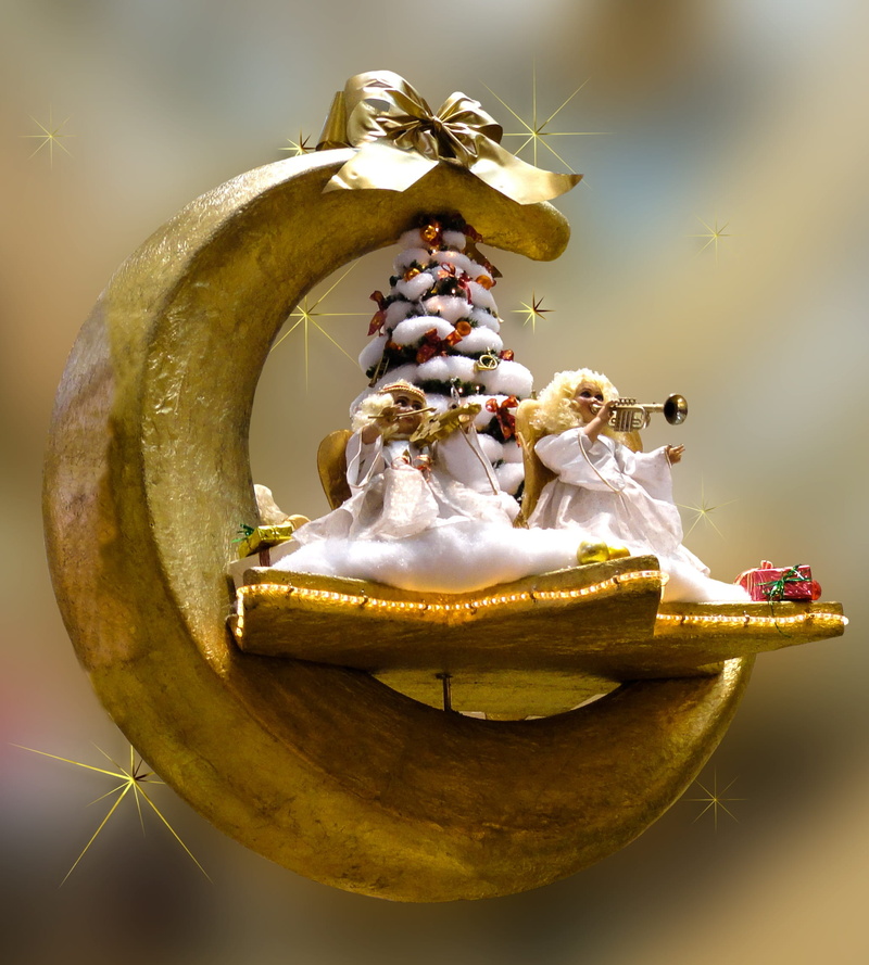 holiday, angel, moon, shape, celebration, food and drink, close-up, sweet food, fruit, trumpet, no people, christmas greeting, studio shot, 1080P, christmas