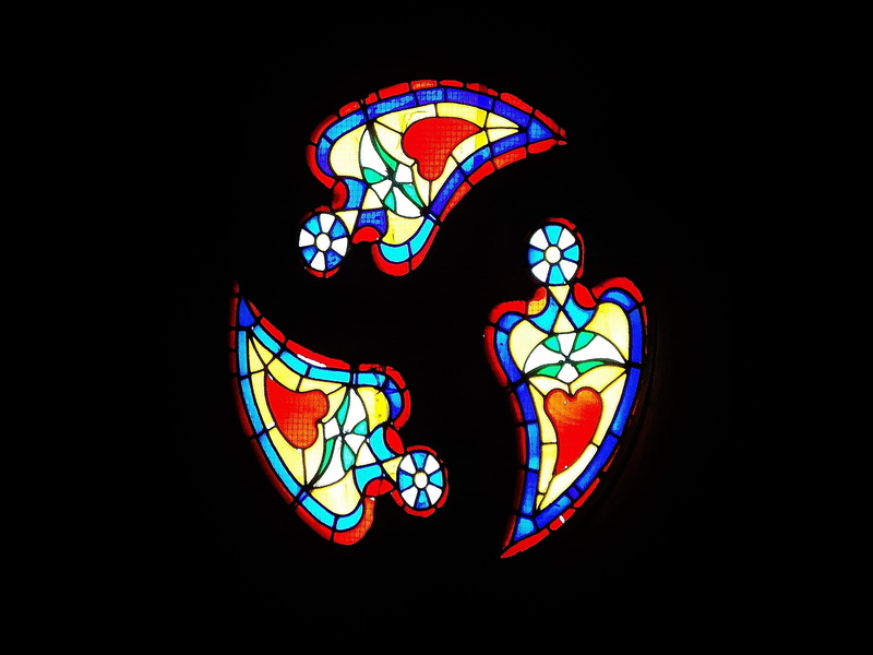 stained glass windows, ceiling, church, 2K, Village, circle, copy space, close-up, pattern, illuminated, angels, Good Looking, geometric shape, no people
