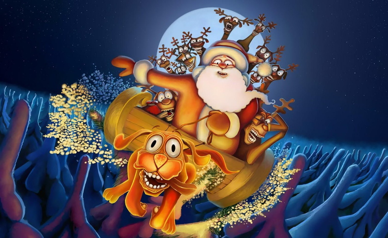 moon, christmas, 720P, santa, santa claus, claus, trees, night, dog, deer, flying