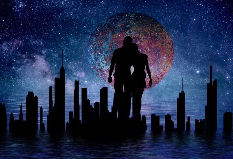 outdoors, emotions, emotion, in love, digital composite, young couple, valentines day, astronomy, set, men, couple love, city, 4K, sky, romantic, skyscraper