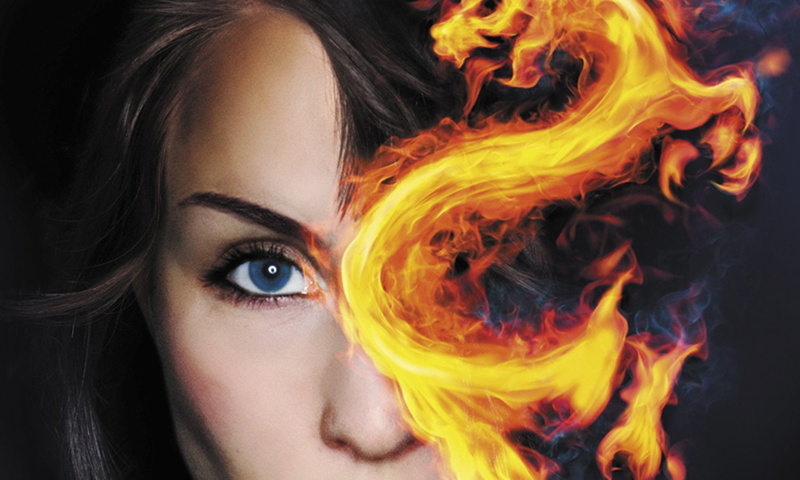 human face, sci, beauty, fantasy, dragon, series, young adult, close-up, girl, black background, fire, indoors, Played, portrait, women, thriller, hairstyle