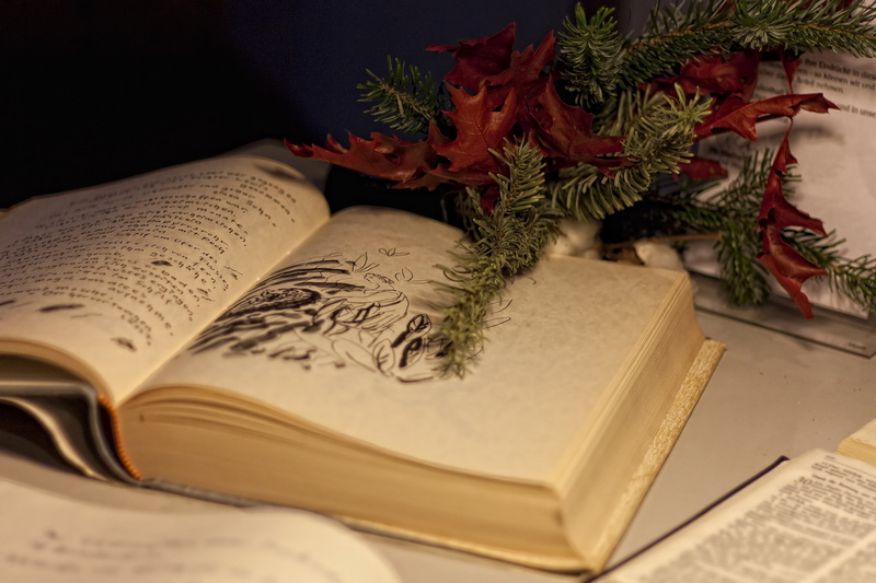 still life, high angle view, church, book, decoration, studio shot, holiday, guestbook, christmas, publication, event, indoors, white, table, antique, open