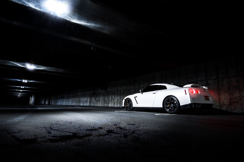 dark, car, architecture, tunnel, skyline, city, white, illuminated, parking garage, land vehicle, Nissan, concrete, GT-R, garage, r, night, sign, indoors