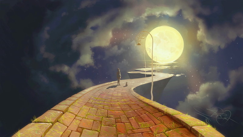 city, moon artwork fantasy art path cobblestone street light clouds night cat road glowing grass digital art walking dragon ball z, nature, architecture