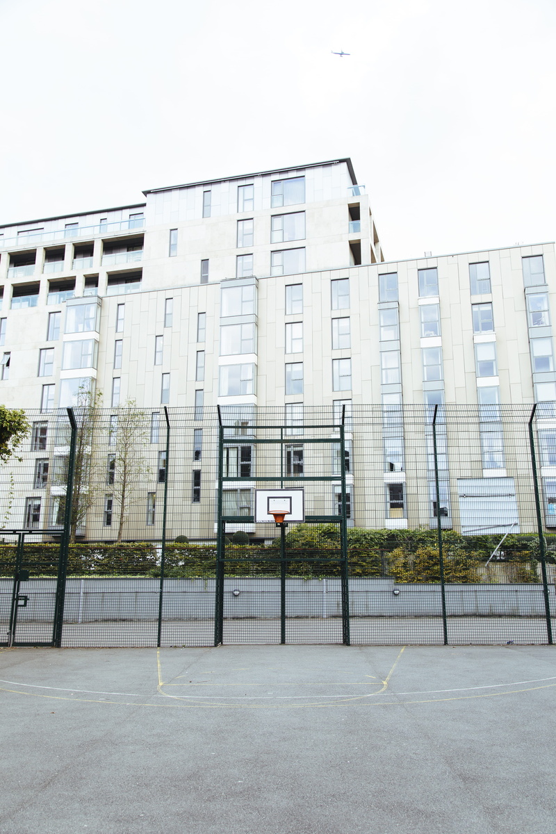 city, no people, office, street, basketball court, high rise, town, basket, apartment building, outdoors, absence, day, sports, built structure, court