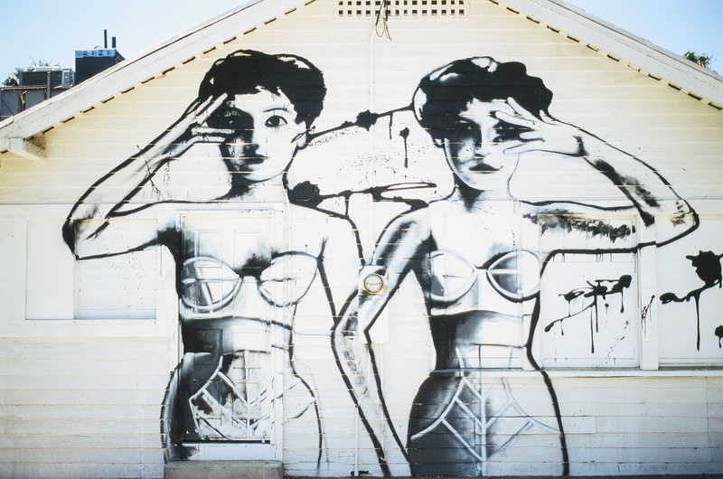 building exterior, built structure, wall, bone, human skeleton, no people, girls, bathing suit, nature, day, painting, siding, graffiti, outdoors, representation