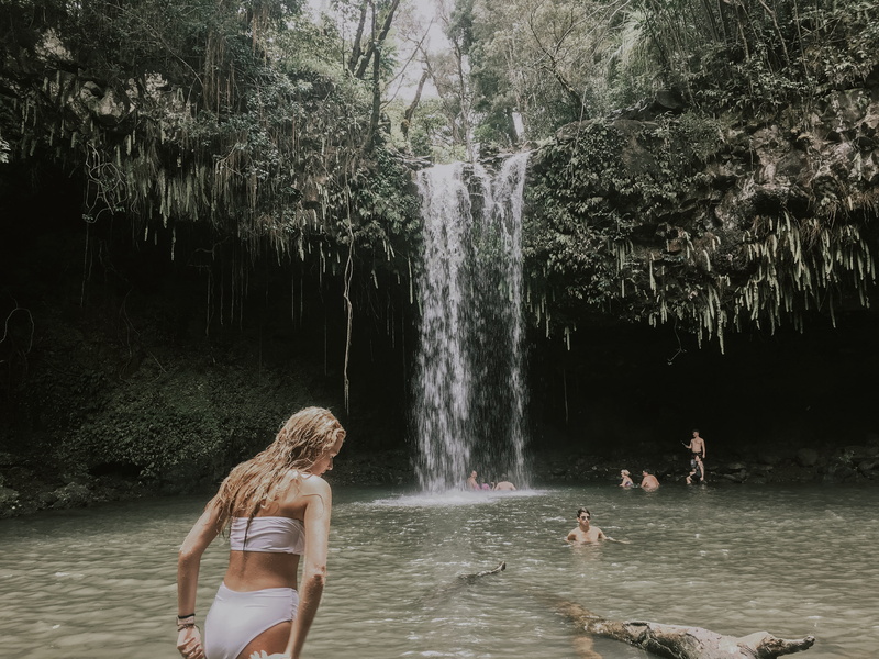 plant, hidden, waterfront, hawaii, men, river, apparel, flowing water, motion, blurred motion, lifestyles, falls, bathing suit, human, person, women, hawaii