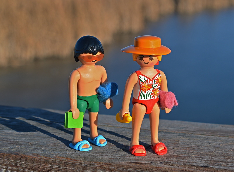 couple, figures, vacations, happiness, toys, plastic, two people, preschool student, outdoors, males, child, sandals, swim, vacation, summer, nature, full length