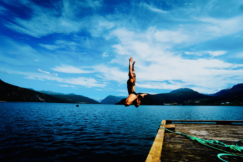 one person, nature, stryn municipality, 5K, sky, blue sky, beauty in nature, real people, pier, swim, summer, stryn, nordfjord, bathing suit, cloud - sky