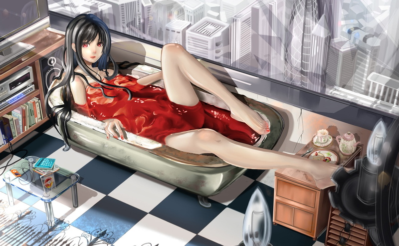 females, real people, Anime, glass - material, woman, Artistic, people, leisure activity, indoors, women, close-up, Blood, illustration, Bath, fashion