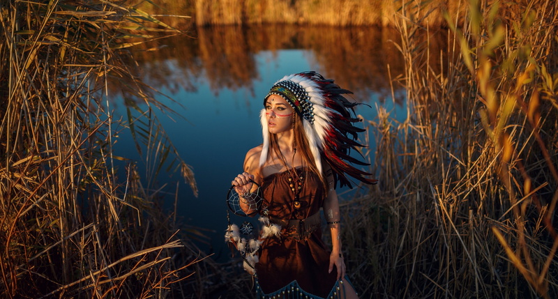 Native American, Feather, Depth Of Field, Woman, Girl, 2K, Women, Dreamcatcher, Model, Headdress, Redhead