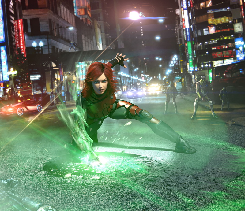 nightlife, robots, asphalt, home, rays, young adult, 1080P, illuminated, girl, city, architecture, green color, the city, digital composite, TressFx, built structure