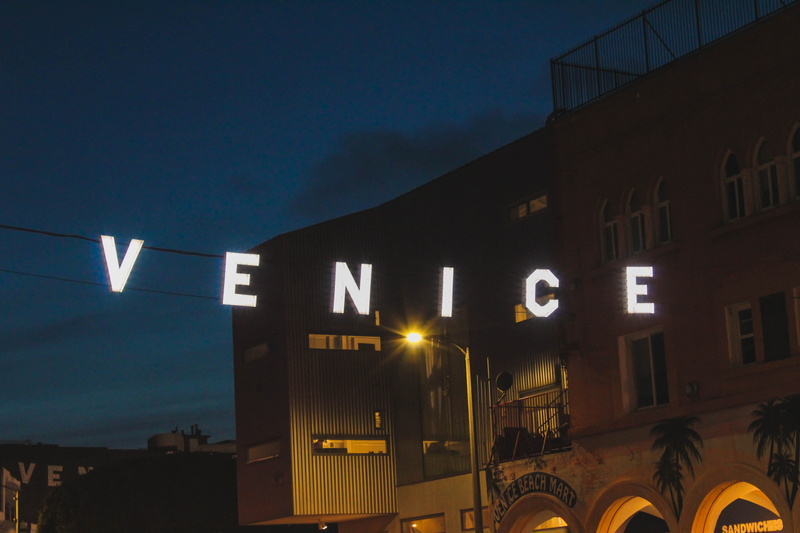 lighting equipment, city, low angle view, 5K, illuminated, venice, la, california, architecture, mode of transportation, lens flare, dusk, nature, los angeles