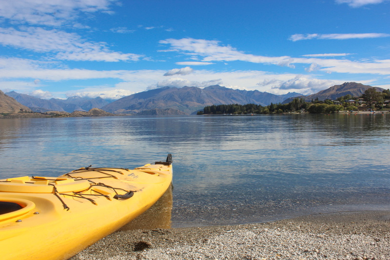 transportation, water, trees, sky, nature, wanaka, mountain, nautical vessel, beauty in nature, new zealand, beach, non-urban scene, yellow, tranquility