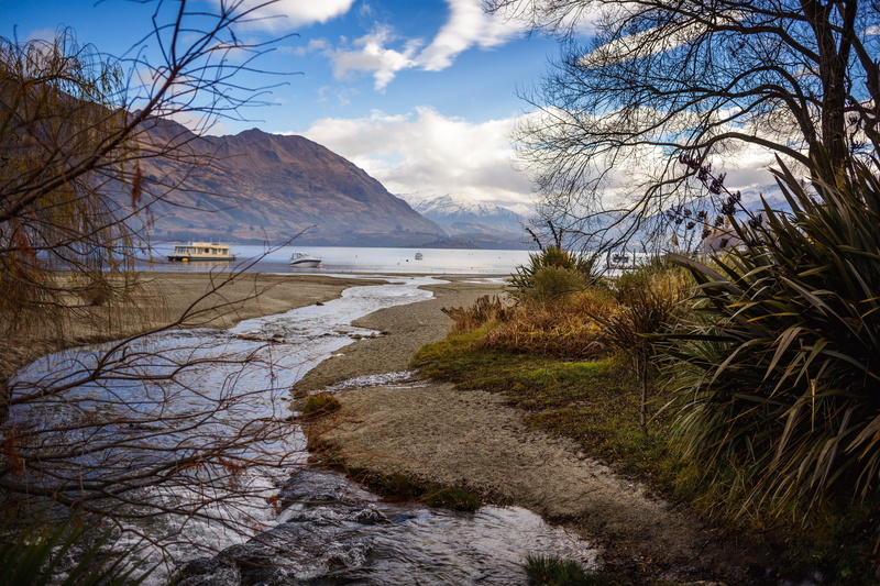 blue, nature, water, land, boats, tranquil scene, green, plant, 5K, tree, no people, new zealand, outdoors, bare tree, river, bridge, day, architecture