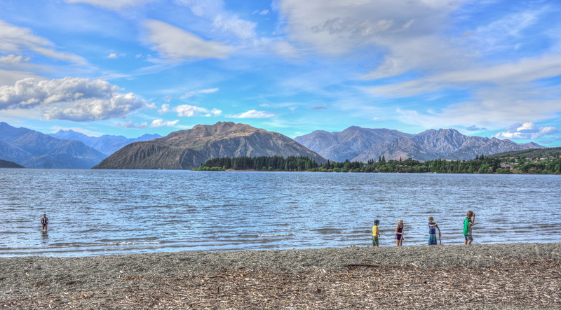 family, togetherness, scenics - nature, childhood, boys, children, day, summer, hdr, mountain range, 5K, lake wanaka, beach, new zealand, land, lake, water