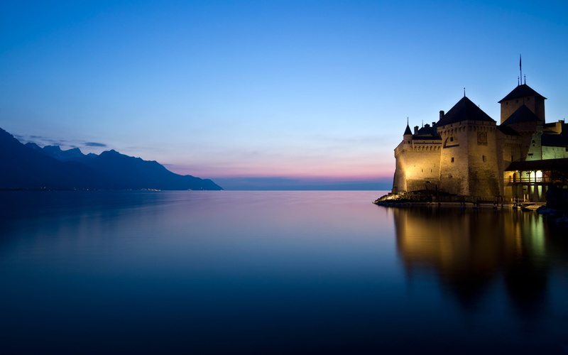 tranquil scene, water, 2K, built structure, building exterior, lake, nature, blue, montreux, sunset, beauty in nature, scenics - nature, building, waterfront