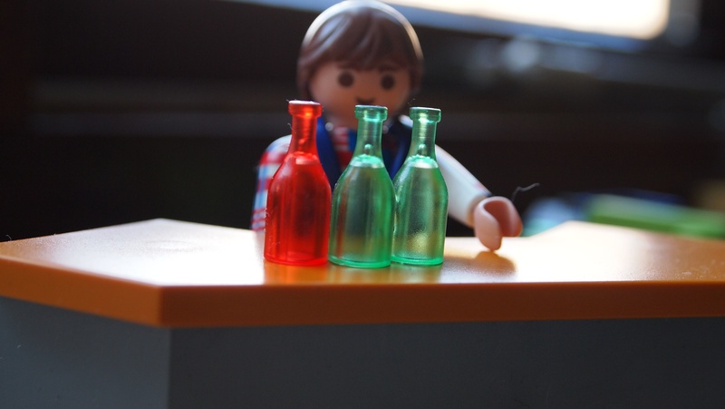 refreshment, drink, education, table, day, childhood, food and drink, bottles, child, indoors, 4K, playmobil, glass - material, offspring, play, electric lamp
