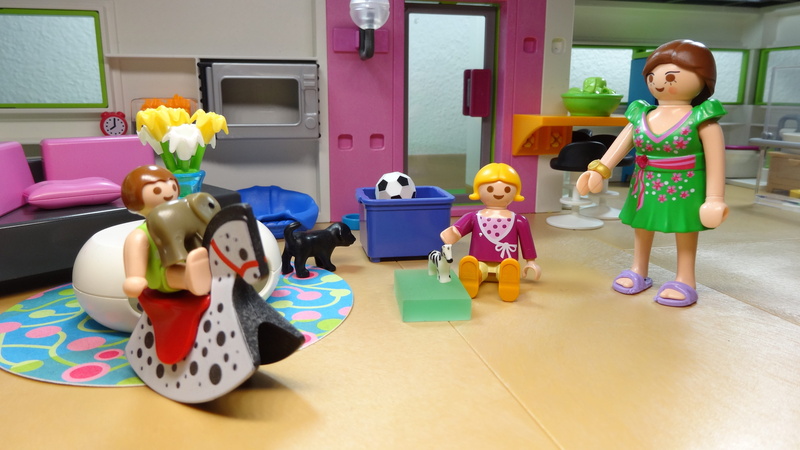 playmobil, girls, living room, mother, group of people, people, rocking horse, women, females, multi colored, toys, domestic room, standing, childhood