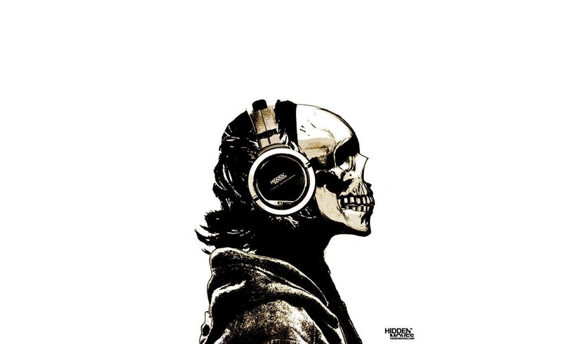 720P, headphones, drawing, skull