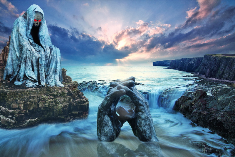 tranquil scene, travel destinations, cutter man, hands, rock, cloud - sky, statue, body, outdoors, wave, skull and crossbones, sky, fantasy, scenics - nature