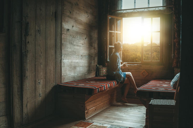 person, #model, bed, wood, #sunrise, woman, hardwood, architecture, house, 2K, indoors, home interior, sunlight, #sunset, window, contemplation, sitting