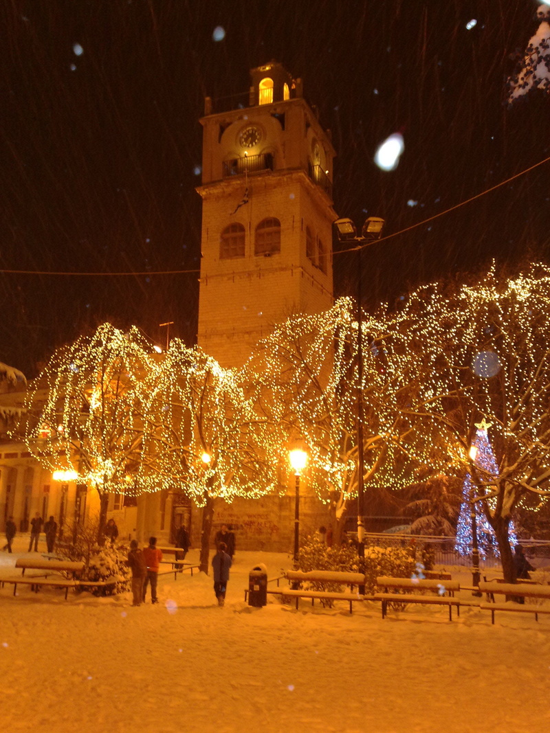 snow, Kozani, glowing, building, illuminated, Greece, public domain, tree, Christmas, nature, lighting Equipment, travel Destinations, december, night