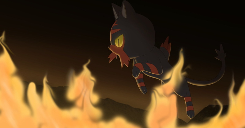 burning, indoors, fire, no people, night, Pokémon: Sun and Moon, flame, illuminated, representation, motion, shadow, Litten (Pokémon), animal, close-up