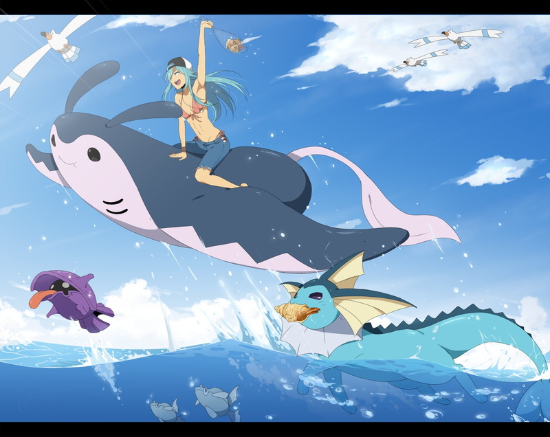 underwear, vaporeon, swimsuit, wingull, aqua, clouds, shellder, remoraid, bra, blue, hair, 720P, hat, pokemon, mantine, water, bikini