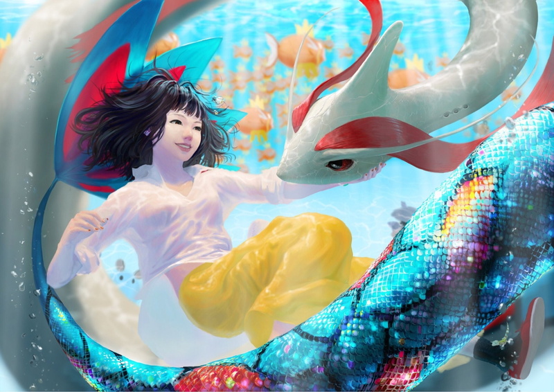 Woman, Pokémon, Milotic (Pokémon), Girl, Magikarp (Pokémon), Smile, 1080P, Underwater, Black Hair