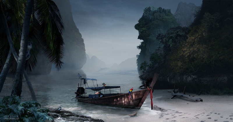 plant, sea, outdoors, scenics - nature, mountain, day, beach, nature, sky, tranquility, mode of transportation, tranquil scene, longtail boat, digital art fantasy art nature trees boat palm trees sand sea birds parrot mist mountains footprints
