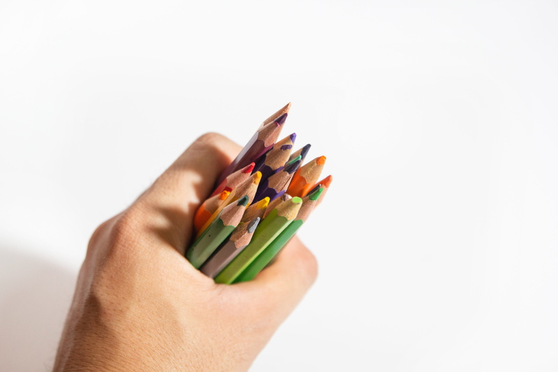 yellow, close-up, stationery, human body part, 5K, office, unrecognizable person, brown, red, green, blue, one person, human finger, human hand, education