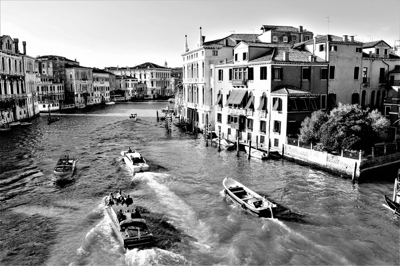 architecture, transportation, rooftops, sky, boats, trip, black and white, mode of transportation, the grand canal, venice, outdoor, outdoors, 5K, chimneys
