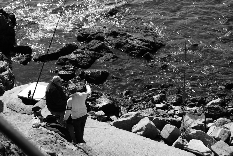 water, lifestyles, fishing, tacks, men, rocks, nature, togetherness, fishing rod, leisure activity, angling, two people, shore, real people, sea, child