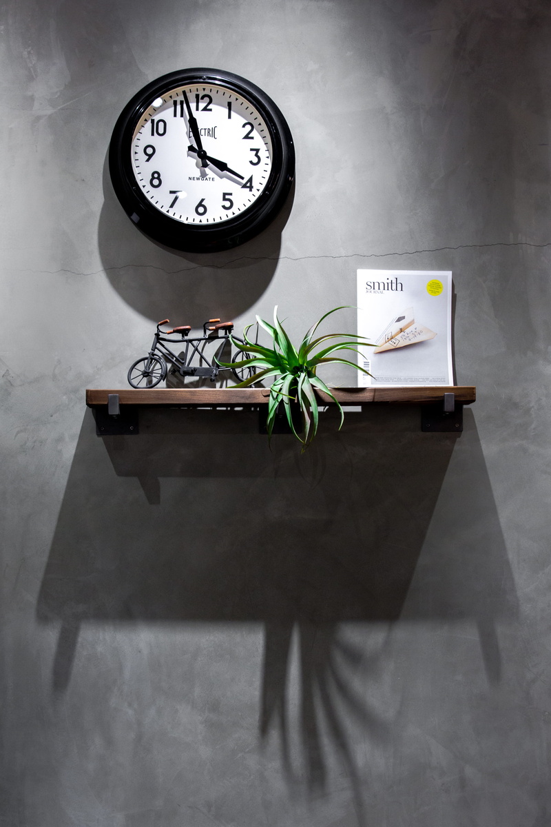 indoors, wall clock, growth, brown, plant, food, displaying, time, communication, potted plant, near, black, analog, clock face, instrument of time, table