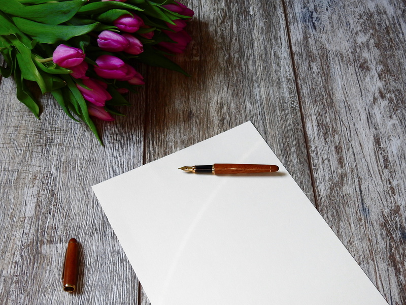 flowering plant, flowers, vulnerability, fountain pen, still life, blank, writing instrument, freshness, tulips, plant, card, nature, pen, table, fragility