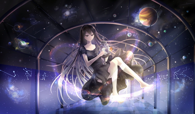 cage, barefoot, 1080P, stars, eyes, planet, original, dress, karo, black, long, hair