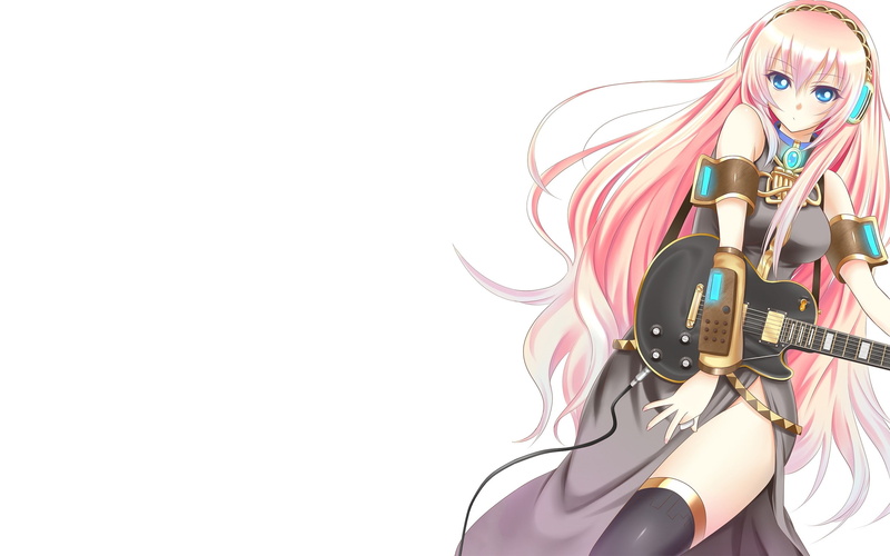 long, 2K, vocaloid, dress, backgroun, hd, simple, people, hair, luka, pink, guitars, headphones, eyes, belts, blue, megurine, art