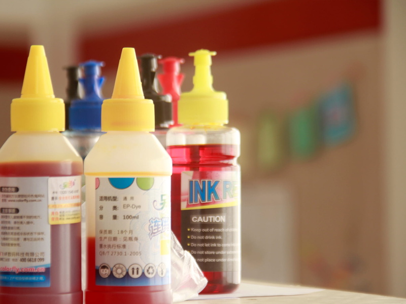label, bottle, no people, large group of objects, focus on foreground, multi colored, variation, epson, colorful, 1080P, medicine, ink, shelf, prescription medicine